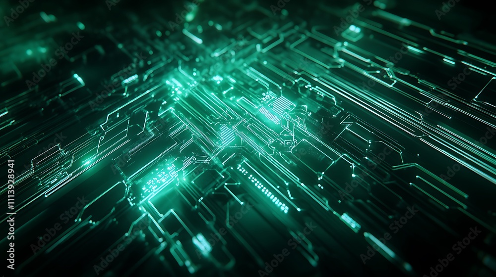 Obraz premium Futuristic Circuit Board with Neon Green Glow and Technology Elements in Abstract Digital Environment