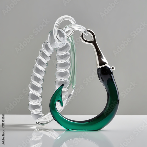 Glass sculpture of fishing line and hook with clear to emerald green gradient, smooth glossy finish, showcasing fine craftsmanship and functional design, generative ai photo