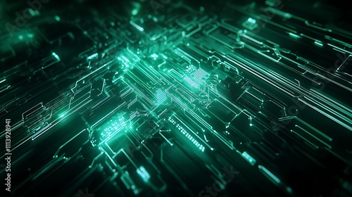 Futuristic Circuit Board with Neon Green Glow and Technology Elements in Abstract Digital Environment