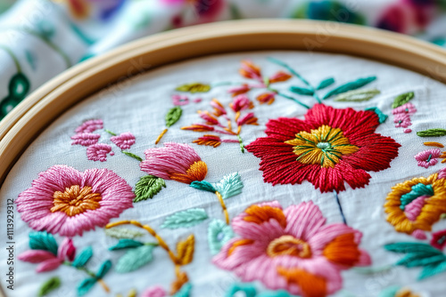 Close-up of colorful floral embroidery in a wooden hoop, showcasing intricate stitches and artistic craftsmanship on fabric.  
 photo