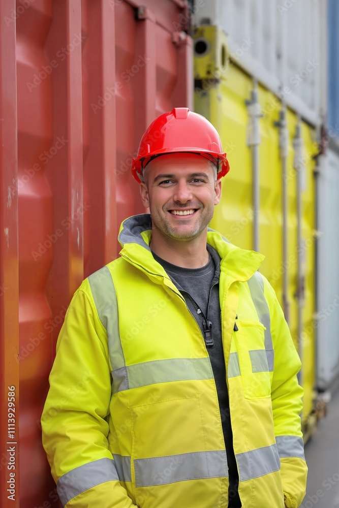 Smiling worker in safety gear stands next to colorful shipping containers at a lively port during daylight hours Smiling worker in safety gear stands next to colorful shipping containers at a lively port during daylight hours