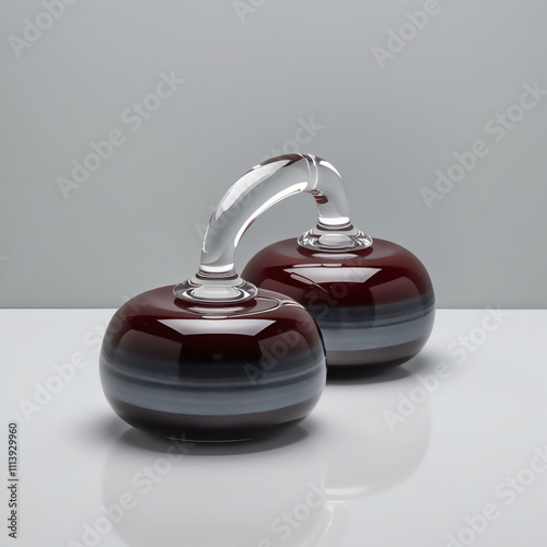 Glass sculpture of Curling stones with red to gray gradient, smooth glossy finish, showcasing precision design and craftsmanship, generative ai photo