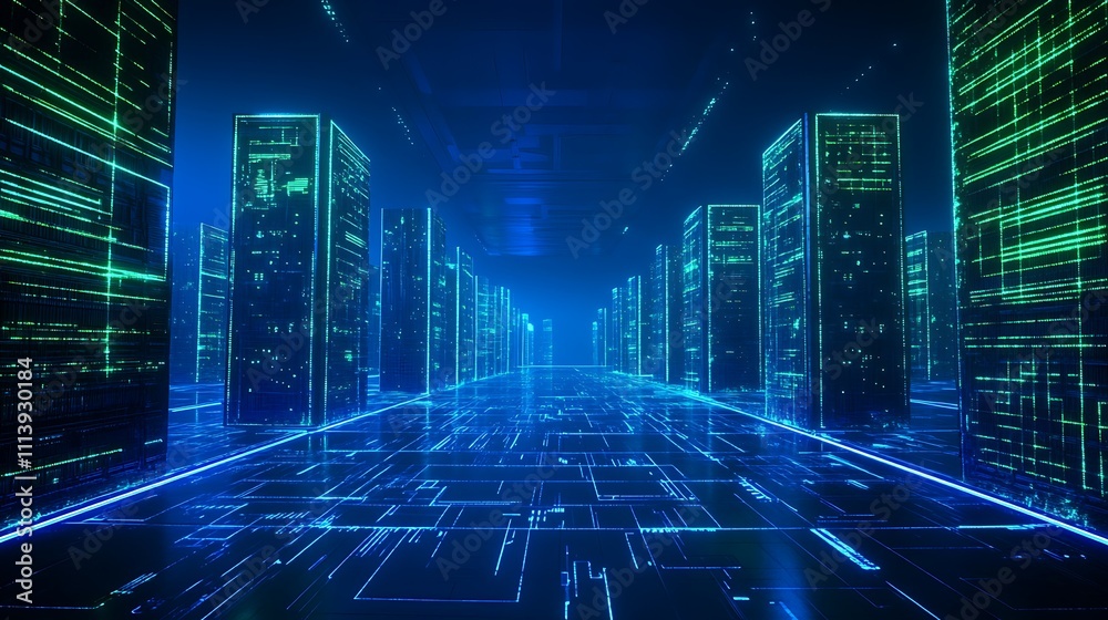 Futuristic Data Center Environment with Neon Lights and Digital Circuit Patterns for Tech and Innovation Themes Futuristic Data Center Environment with Neon Lights and Digital Circuit Patterns for Tech and Innovation Themes
