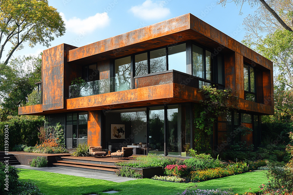 Modern Rusty Corten Steel House with Landscaped Garden Modern Rusty Corten Steel House with Landscaped Garden