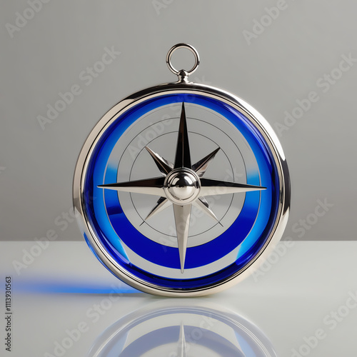 Glass sculpture of sailing compass with blue to gray gradient, smooth glossy finish, showcasing intricate details and craftsmanship, generative ai photo