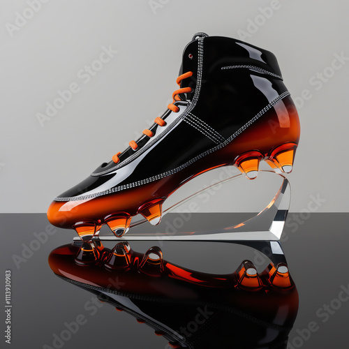 Glass American football cleats sculpture with black to orange gradient and detailed spikes on light gray background, generative ai