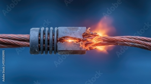 Danger of Damaged Wire Concept, Close-Up of Electrical Wire Showing Visible Damage with Sparks Emerging from Broken Connection