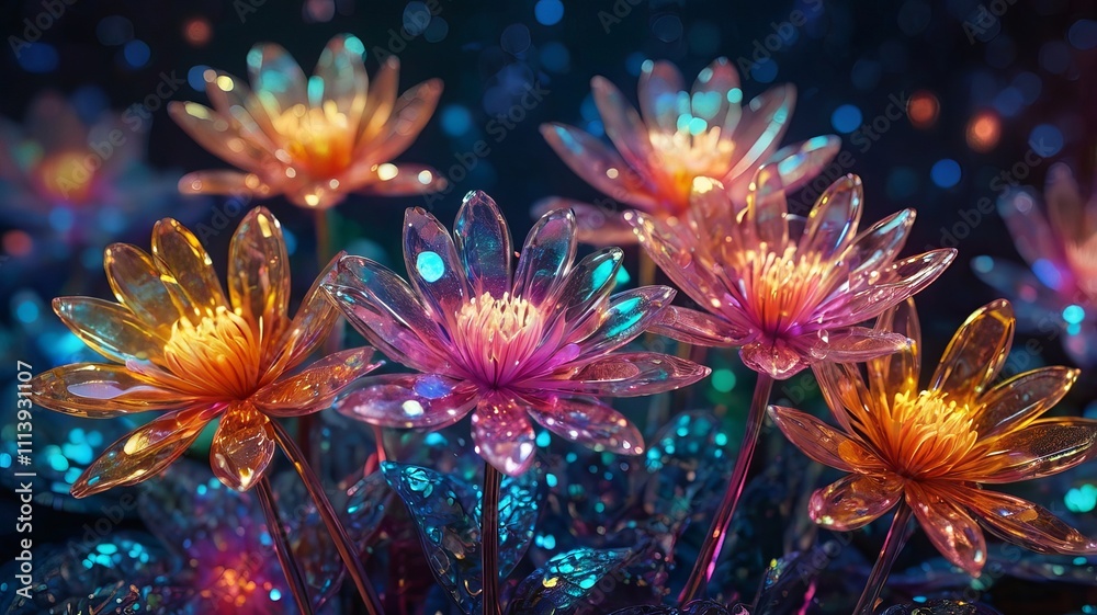 Vibrant, translucent flowers glow with inner light, creating a magical, surreal scene. Vibrant, translucent flowers glow with inner light, creating a magical, surreal scene.