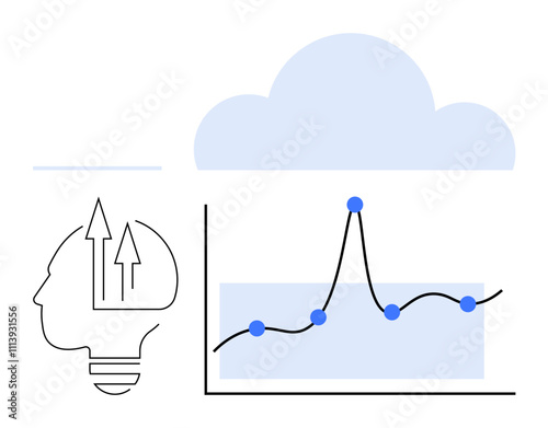 Head silhouette with arrows and bulb graph with upward trend cloud. Ideal for business growth, innovation, data analysis, technology, strategic planning, ideas, cloud computing. Line metaphor