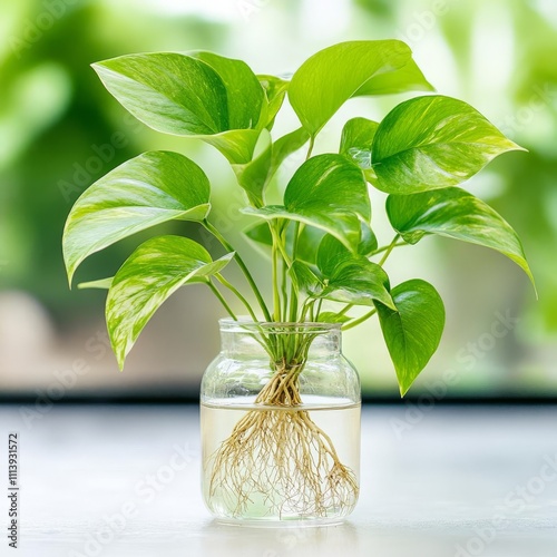 Propagating pothos in water, showing roots growing naturally with hydration photo