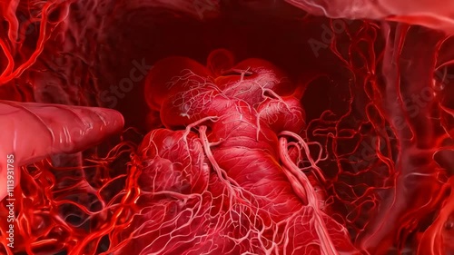 Detailed illustration of human heart anatomy, showcasing intricate blood vessels and complexity of circulatory system in vibrant colors.