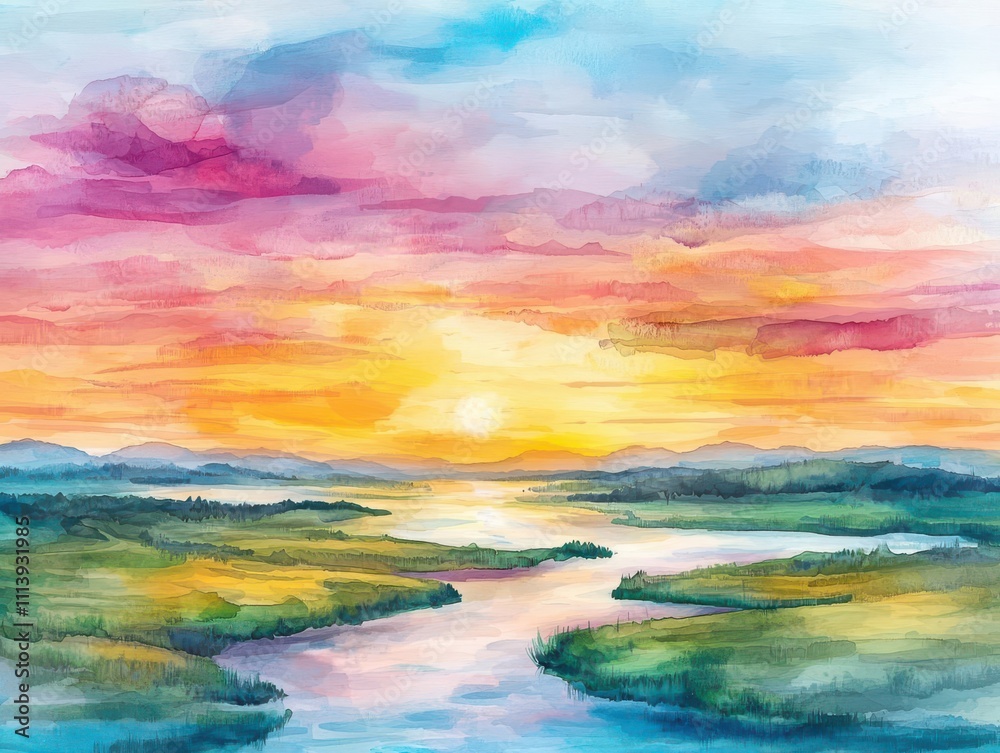 A vast, scenic river with complex meanders, smaller tributaries branching out into wetlands, hazy sunset sky above A vast, scenic river with complex meanders, smaller tributaries branching out into wetlands, hazy sunset sky above
