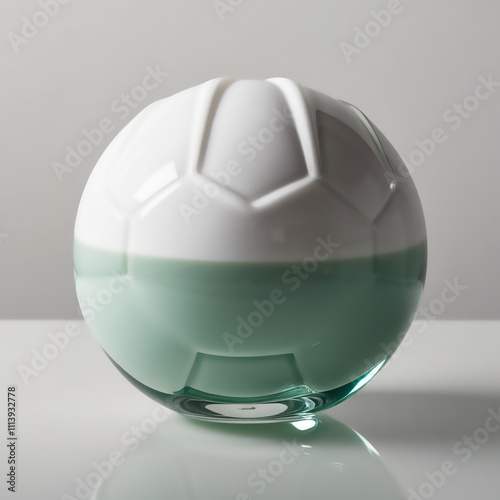 Glass field hockey ball sculpture with white to green gradient and textured dimple details on light gray background, generative ai photo