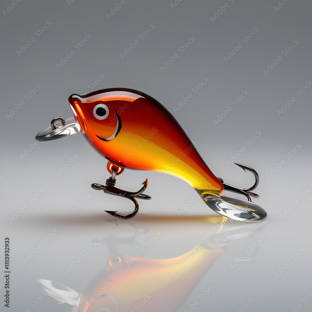 Glass sculpture of fishing bait or lure with orange to yellow gradient, smooth glossy finish, highlighting intricate design and craftsmanship, generative ai Glass sculpture of fishing bait or lure with orange to yellow gradient, smooth glossy finish, highlighting intricate design and craftsmanship, generative ai