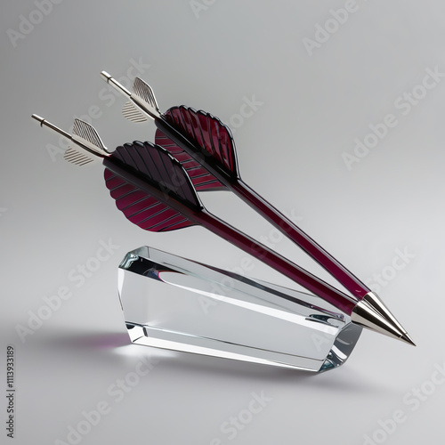 Glass sculpture of Arrows with plum to clear gradient, smooth glossy finish, showcasing sleek design and craftsmanship, generative ai photo