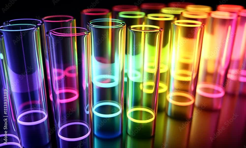 Colorful Transparent Test Tubes with Neon Light Reflection