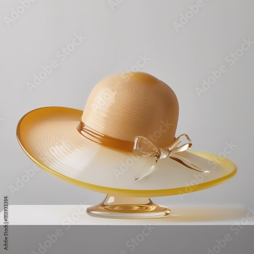 Glass sculpture of sun hat with glossy gradient beige to yellow finish, delicate woven brim and ribbon detail, modern craftsmanship against light gray background, generative ai photo