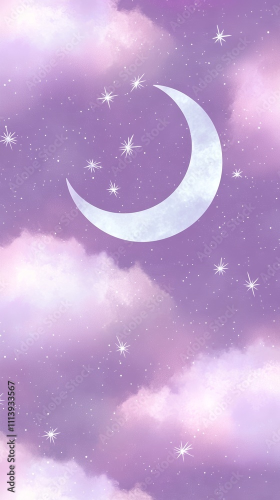 Naklejka premium Crescent moon and stars in purple sky. 
