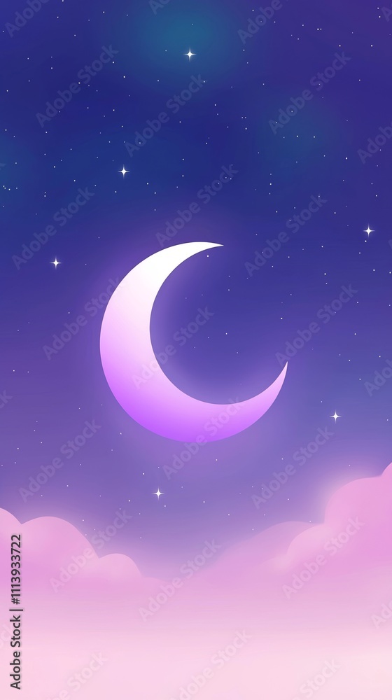 Crescent moon over pink clouds.
Crescent moon over pink clouds.