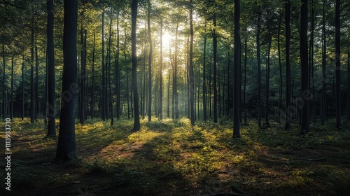 Sun rays through dense forest trees.