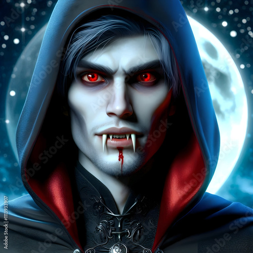 Portrait of a vampire in a hooded cloak with fangs and red eyes on the background of the moon with selective focus. Vampire with red eyes and fangs. Vampire with the blood on the face in the cloak photo