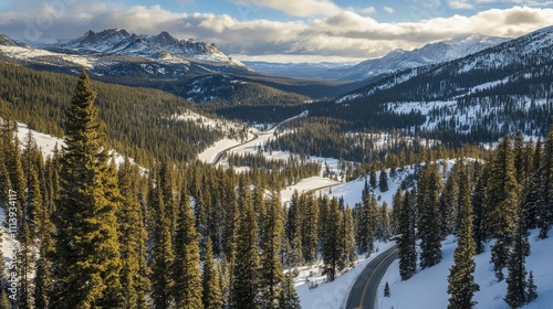 Snowy mountain with a winding road and tall trees