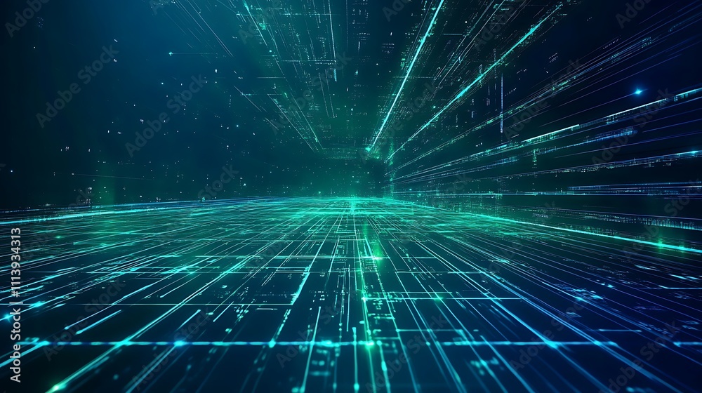 Futuristic Digital Landscape with Glowing Lines and Data Connections in a Vibrant Blue and Green Color Palette Futuristic Digital Landscape with Glowing Lines and Data Connections in a Vibrant Blue and Green Color Palette