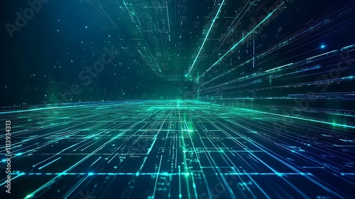 Futuristic Digital Landscape with Glowing Lines and Data Connections in a Vibrant Blue and Green Color Palette