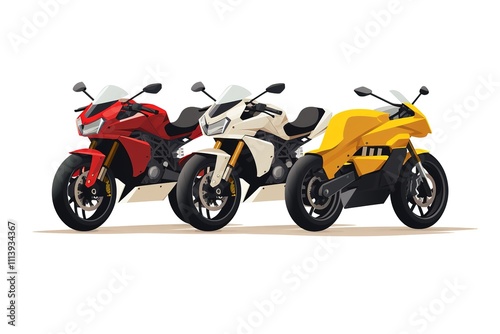 Ground vehicles. Transport modern motorbike with power engine. Different types of modern motorcycles: sports, tourist, classic, off-road. Vector illustration isolated on white background.
