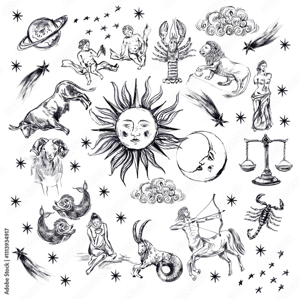 Fototapeta premium Hand drawn zodiac sign illustration, horoscope background. Aries, taurus, libra, virgo, leo, lion, gemini, pisces, cancer, aquarius, sagittarius, scorpio, capricorn.