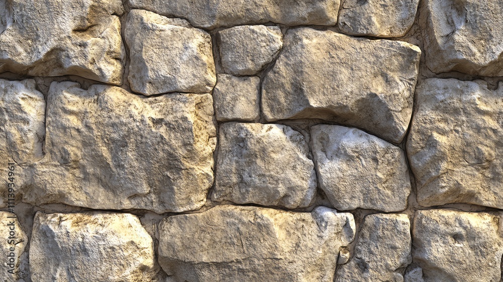 A stone wall with tan and brown stones stacked to create a pattern. A stone wall with tan and brown stones stacked to create a pattern.