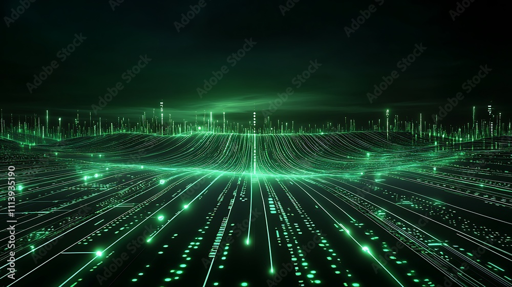 Futuristic Digital Landscape with Green Glowing Lines and Data Points in a Dark Environment Futuristic Digital Landscape with Green Glowing Lines and Data Points in a Dark Environment