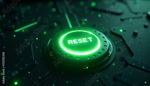 Glowing green reset button floating in cosmic sci-fi setting