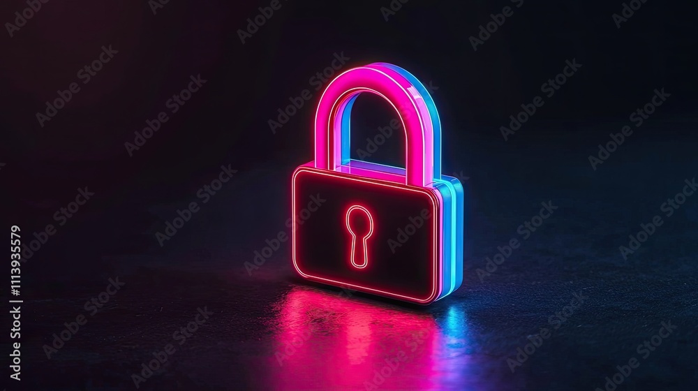 Fototapeta premium A vibrant neon padlock with a keyhole, symbolizing security and protection against unauthorized access, set against a dark background.