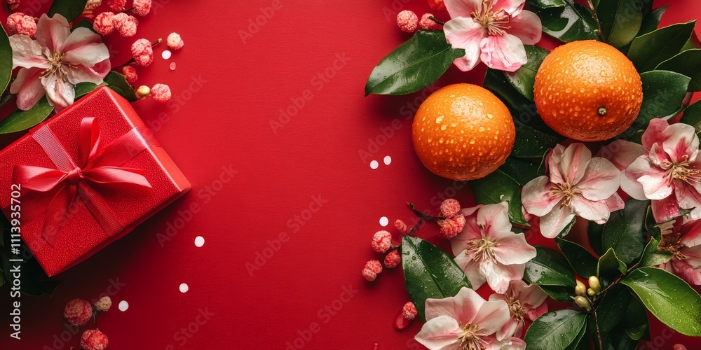 Festive Red Chinese New Year Background with Oranges and Flowers Festive Red Chinese New Year Background with Oranges and Flowers