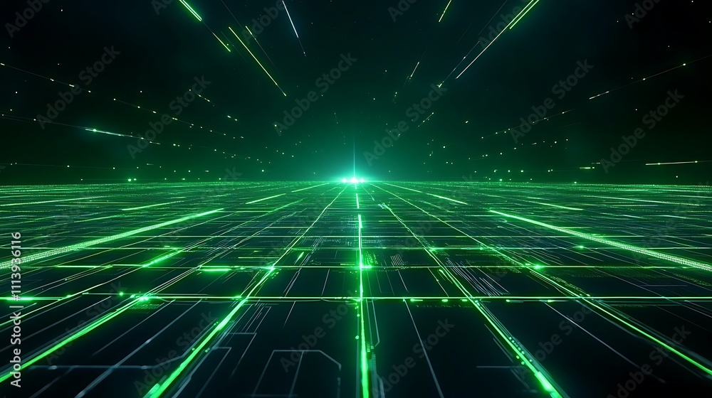 Obraz premium Futuristic Digital Landscape with Neon Green Lines and Grid Pattern in Cosmic Depths