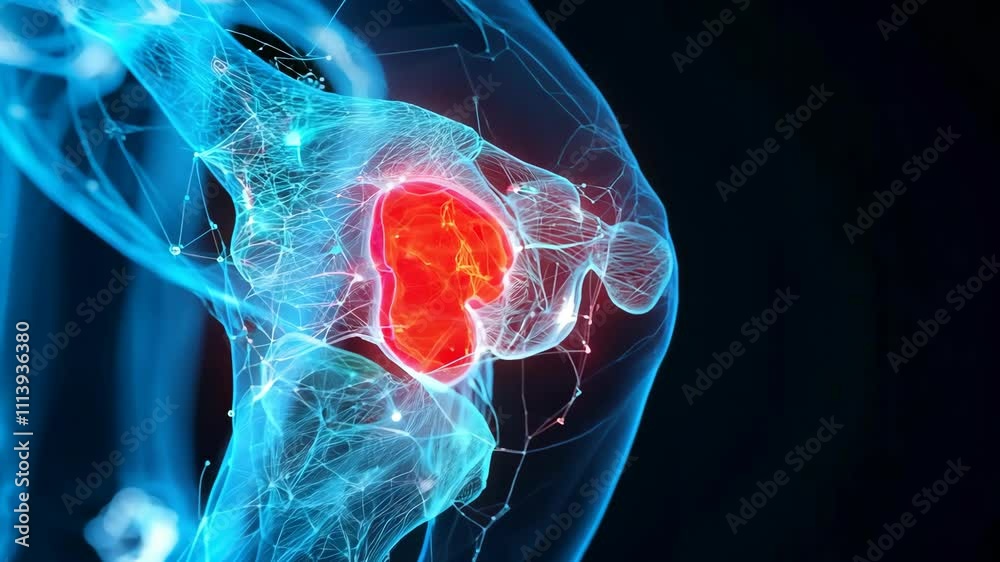 Human knee joint anatomy illustration highlighting pain areas in red ...