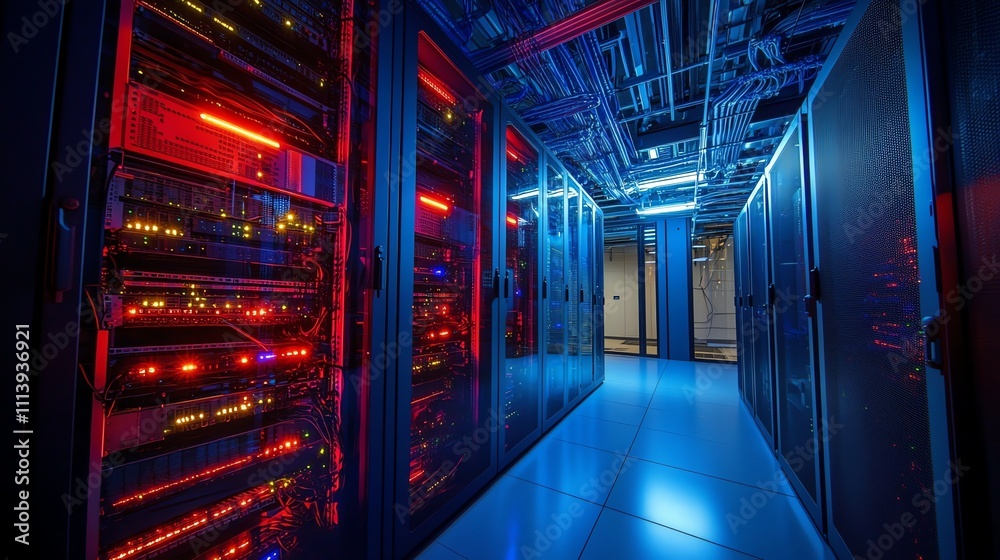 A server room with a blue and red light scheme. A server room with a blue and red light scheme.