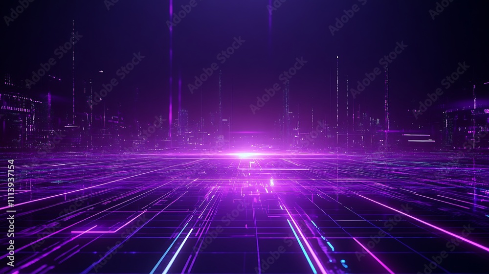 Futuristic Digital Landscape with Neon Lights and Glowing Lines in a Vibrant Purple and Black Color Palette Futuristic Digital Landscape with Neon Lights and Glowing Lines in a Vibrant Purple and Black Color Palette