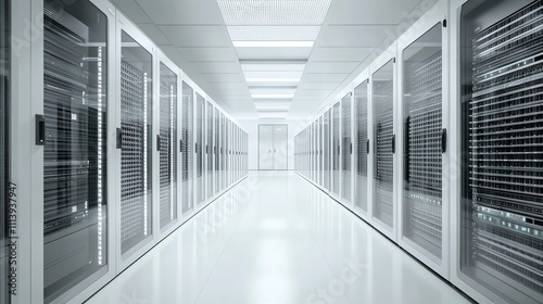 A clean, white server room with rows of black servers lit with bright white lights.