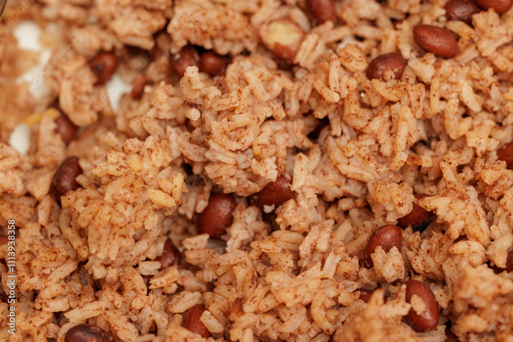 Close-up of seasoned rice and beans, a hearty and flavorful dish. Close-up of seasoned rice and beans, a hearty and flavorful dish.