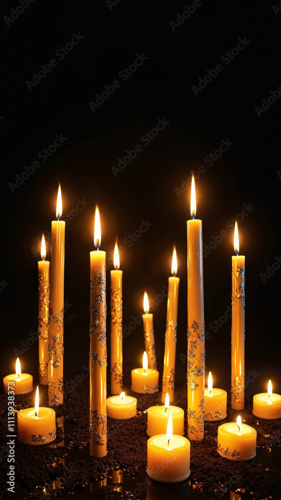 Elegant Golden Candles: Flickering Flames on Black Background for Luxury Decor, Remembrance, and Festive Events Elegant Golden Candles: Flickering Flames on Black Background for Luxury Decor, Remembrance, and Festive Events