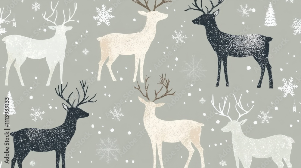 Simplistic pattern of reindeer and snowflakes

