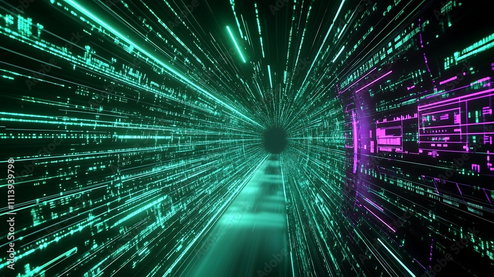 Futuristic Digital Warp Tunnel Visual in Neon Colors with Flowing Data Streams and Intense Light Effects Futuristic Digital Warp Tunnel Visual in Neon Colors with Flowing Data Streams and Intense Light Effects