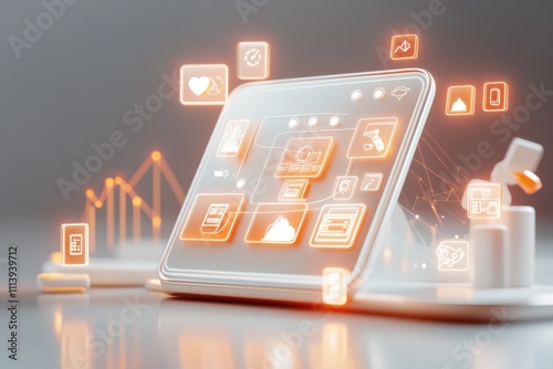 Boardroom table with glowing 3D graphs, laptops, and high-tech tools,