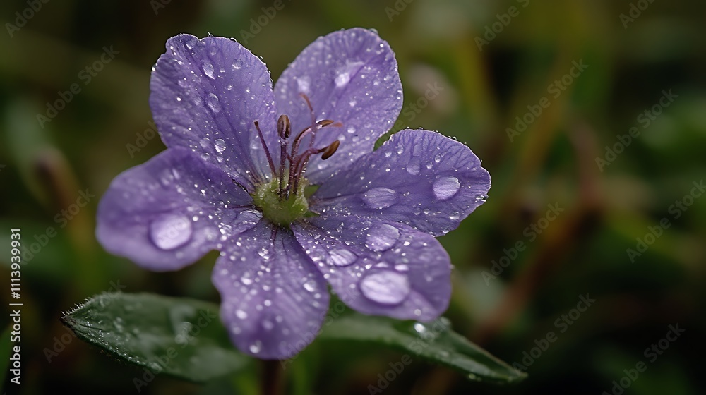 A Purple Flower Blossom Covered In Dew Drops A Purple Flower Blossom Covered In Dew Drops