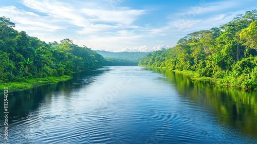 A serene river with small tributaries flowing into it, gentle ripples forming on the water s surface, surrounded by lush forest photo