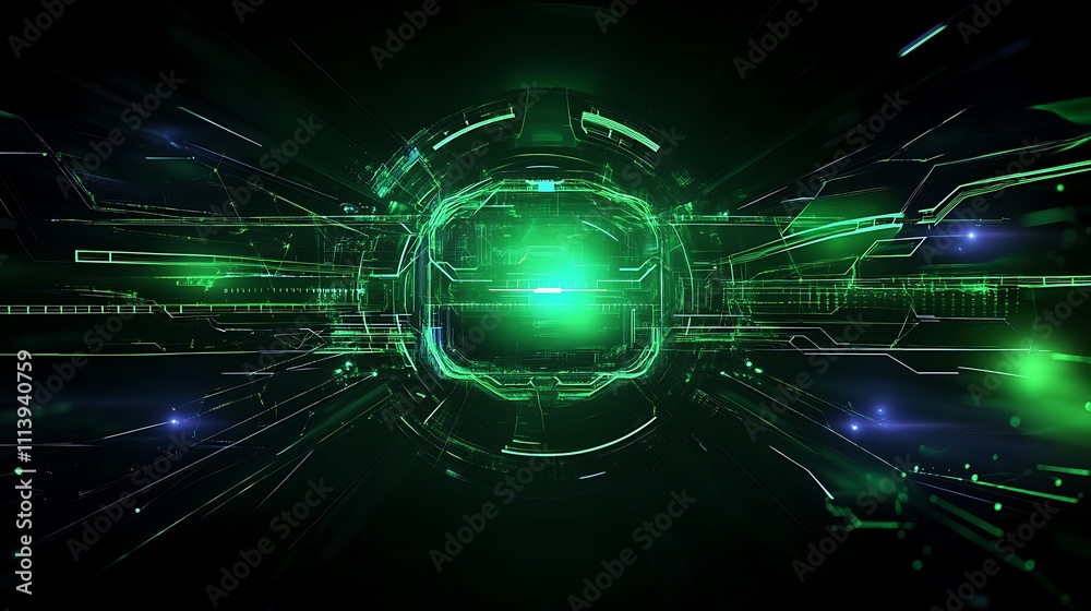 Obraz premium Futuristic Green Technology Background with Abstract Circular Patterns and Dynamic Lines for High-Tech Designs