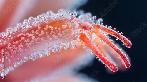 Dewdrops Adorn a Flowers Red Stamen Detail