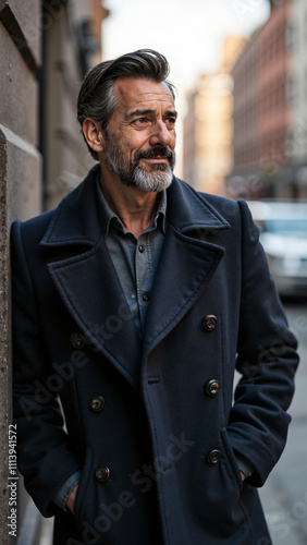 Confident Mature Man in Luxurious Coat: Urban Fashion Portrait for High-End Advertising and Lifestyle Campaigns